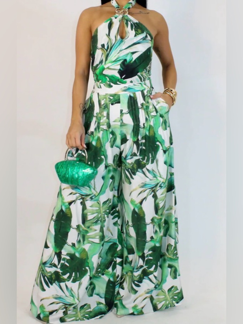 A. Peach Tropical Leaf Halter Wide Leg Jumpsuit with Pockets - Picture 2 of 11